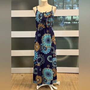 M is Tina By Tina Knowles Bohemian Blue and Orange spaghetti strap Maxi Dress